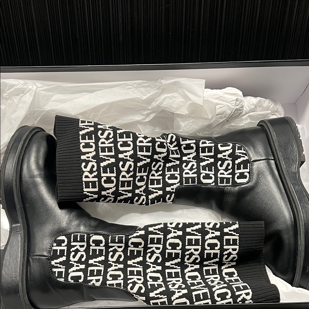 Versace Monochrome Logo Knit Boots